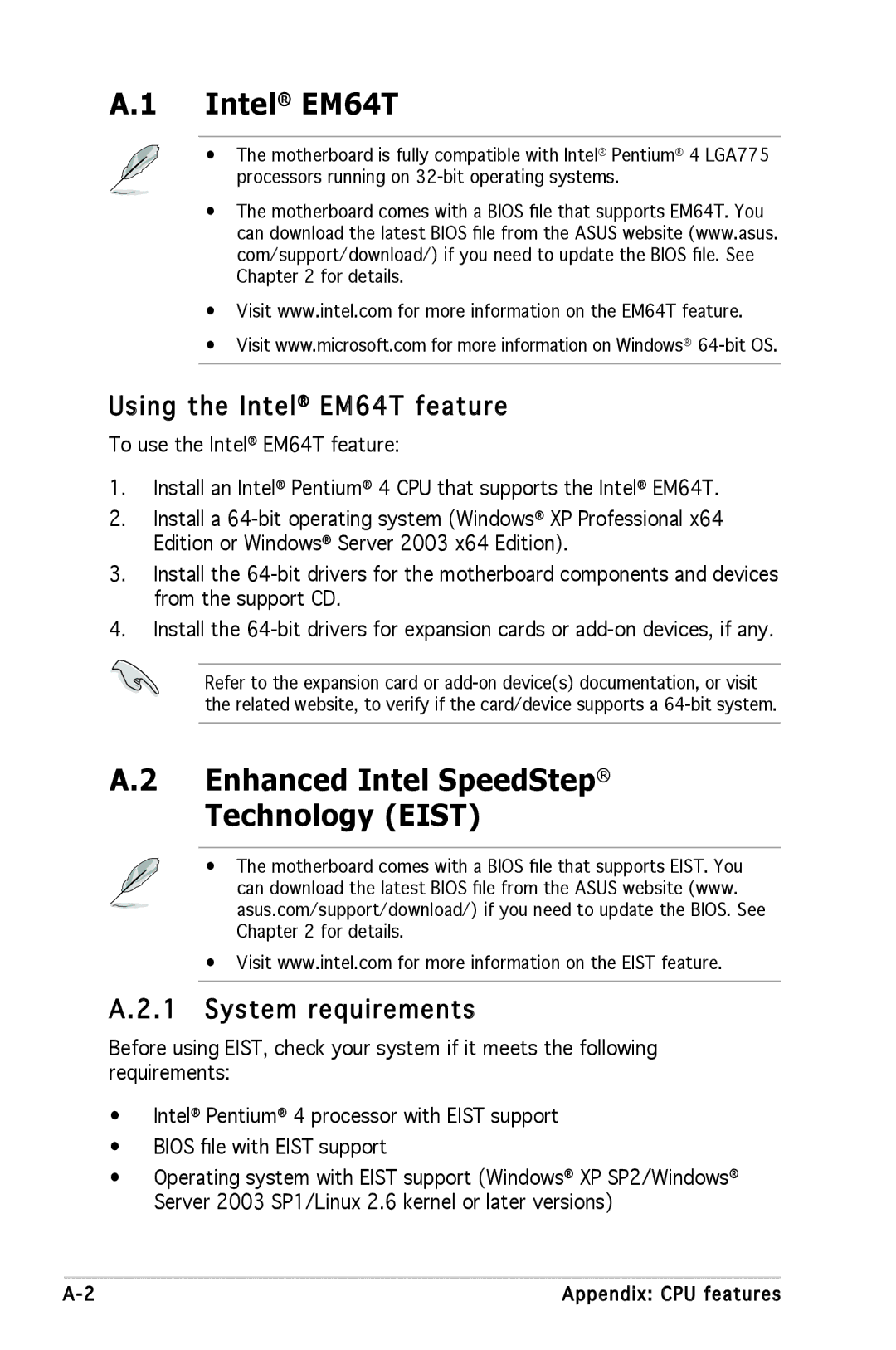 Asus P5GV-MX manual Enhanced Intel SpeedStep Technology Eist, Using the Intel EM64T feature, System requirements 