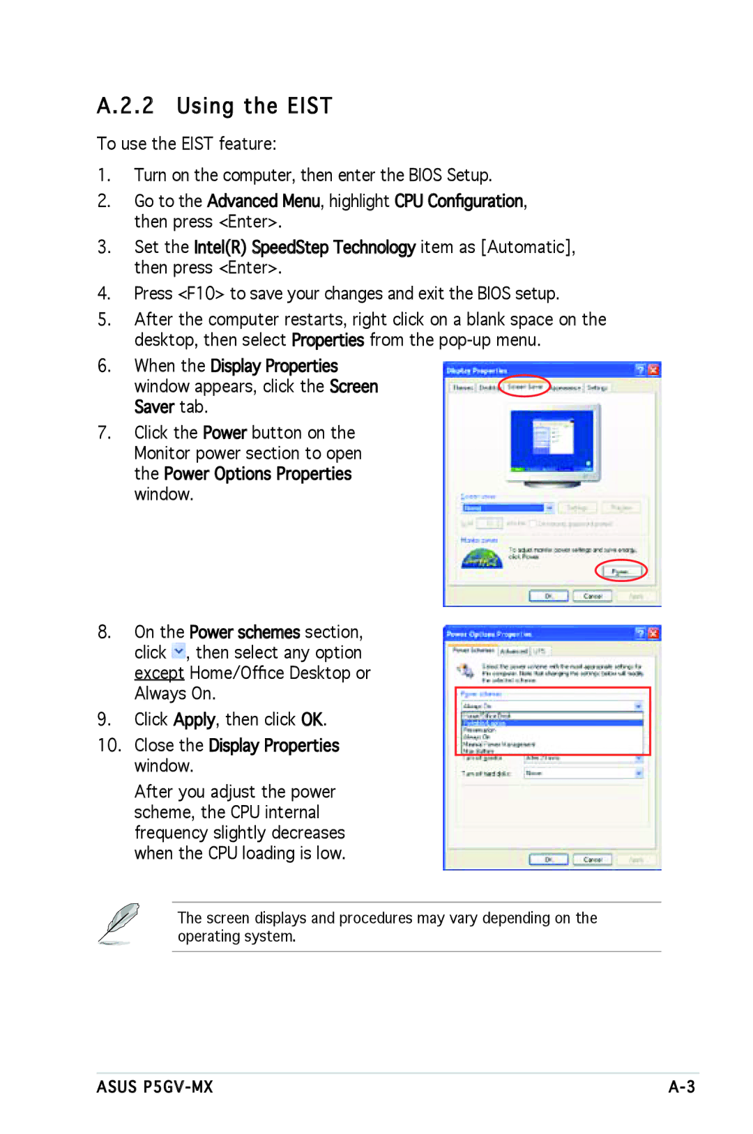 Asus P5GV-MX manual Using the Eist 