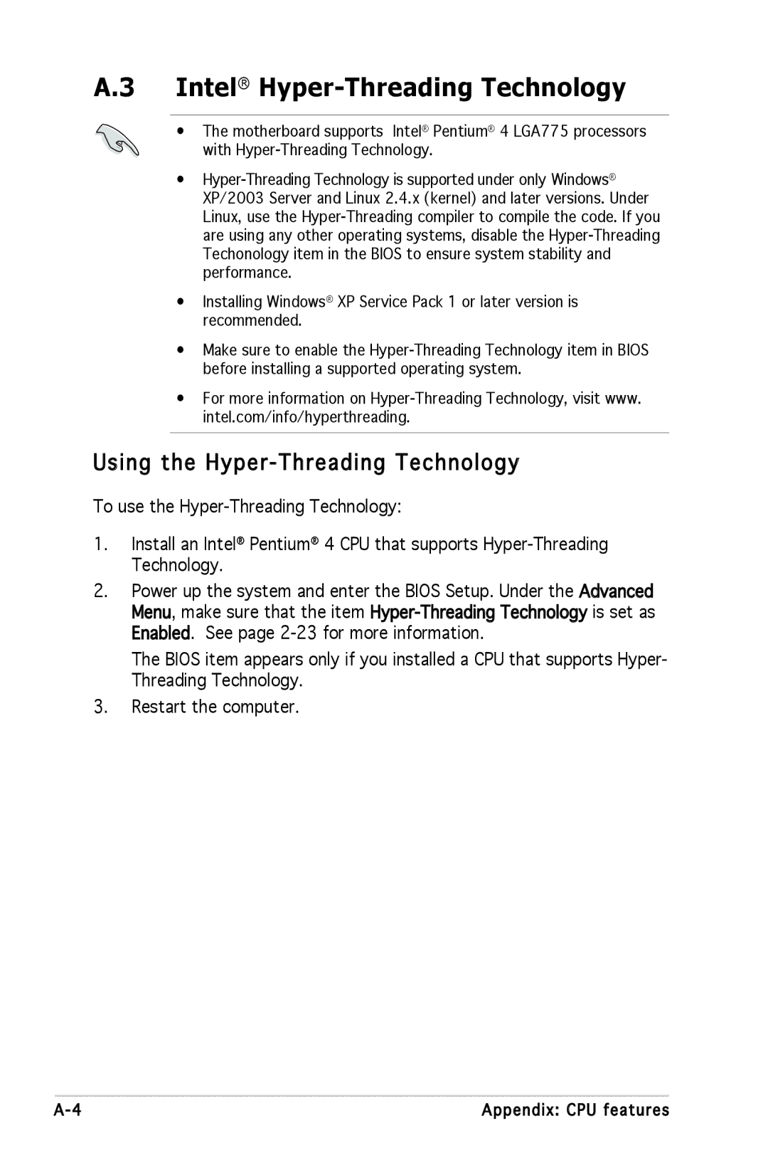 Asus P5GV-MX manual Intel Hyper-Threading Technology, Using the Hyper -Threading Technology 