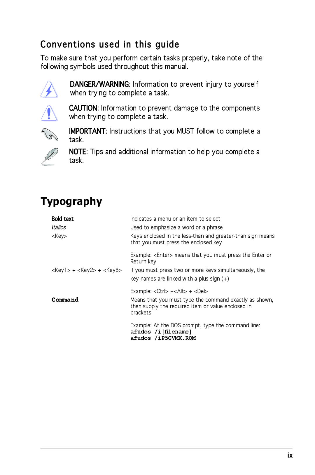 Asus P5GV-MX manual Typography, Conventions used in this guide 