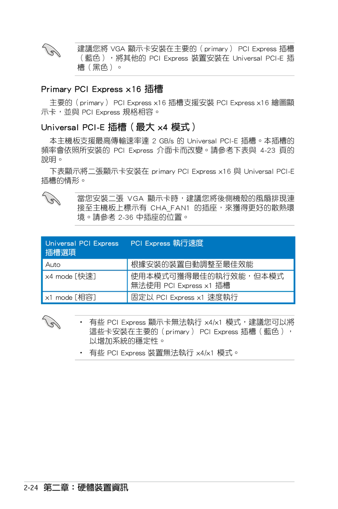 Asus P5KC Primary PCI Express x16 插槽, Universal PCI-E 插槽（最大 x4 模式）, 24第二章：硬體裝置資訊, 根據安裝的裝置自動調整至最佳效能, 使用本模式可獲得最佳的執行效能，但本模式 