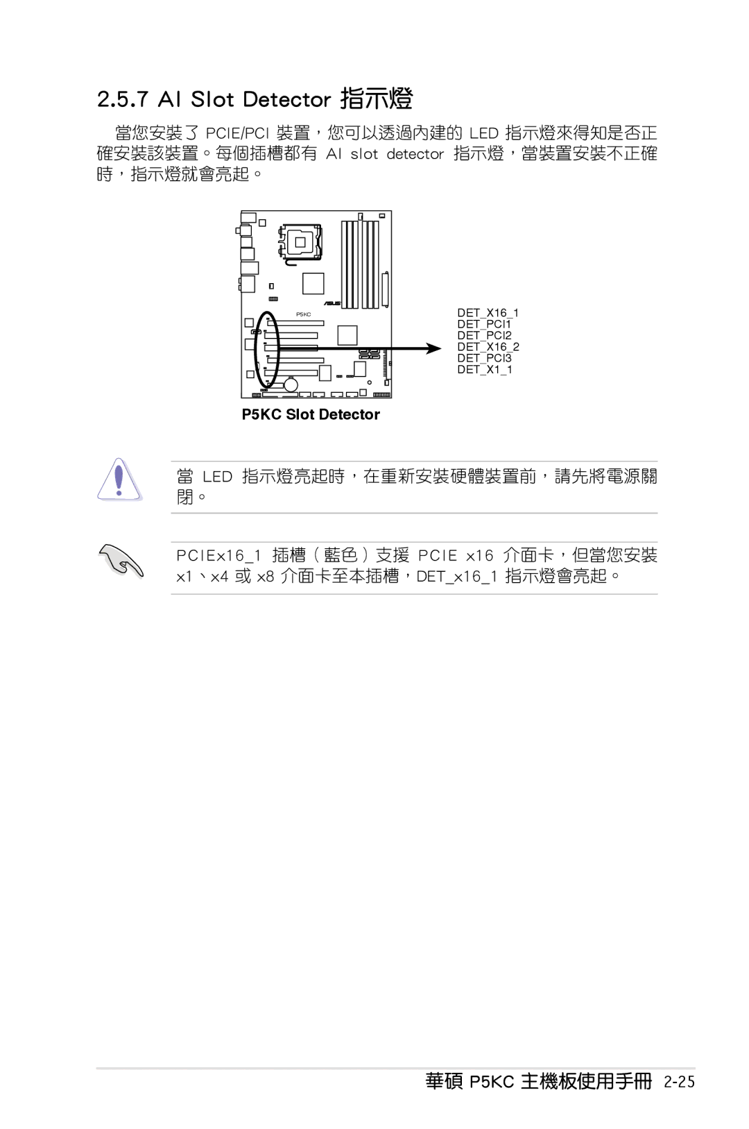 Asus P5KC manual AI Slot Detector 指示燈, Led 指示燈亮起時，在重新安裝硬體裝置前，請先將電源關 閉。 