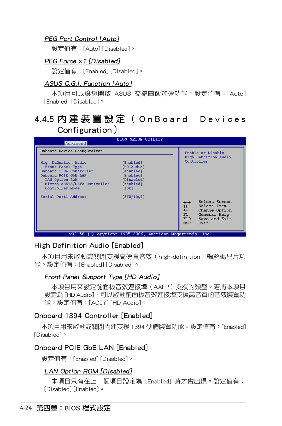 Asus P5KC High Definition Audio Enabled, Onboard 1394 Controller Enabled, Onboard Pcie GbE LAN Enabled, 24第四章：BIOS 程式設定 