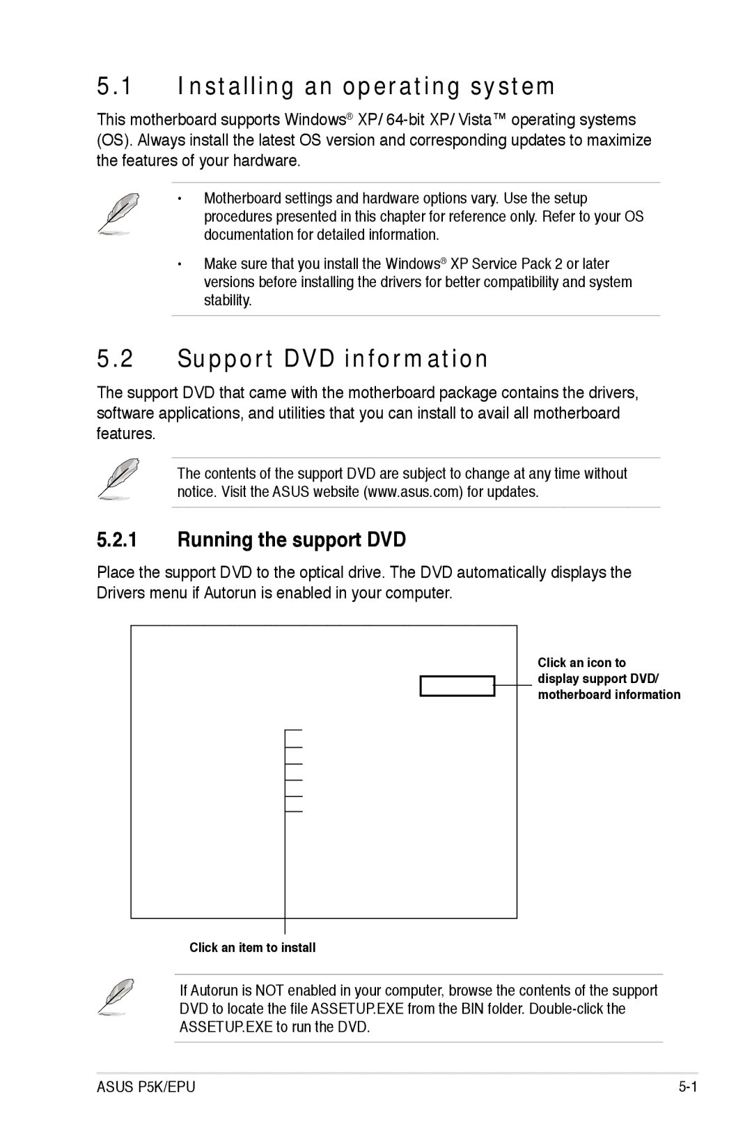 Asus P5K/EPU manual Installing an operating system, Support DVD information, Running the support DVD 