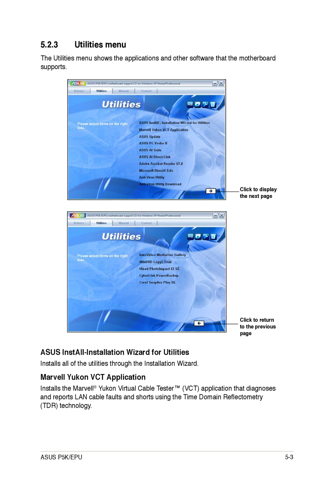 Asus P5K/EPU manual Utilities menu, Asus InstAll-Installation Wizard for Utilities, Marvell Yukon VCT Application 