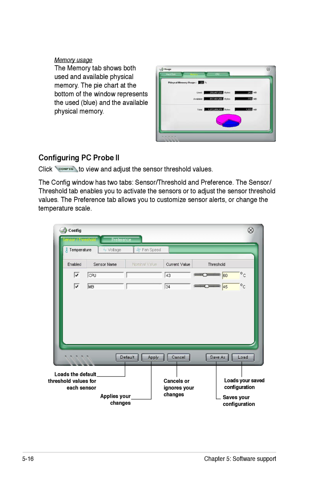 Asus P5K/EPU manual Configuring PC Probe, Memory usage 