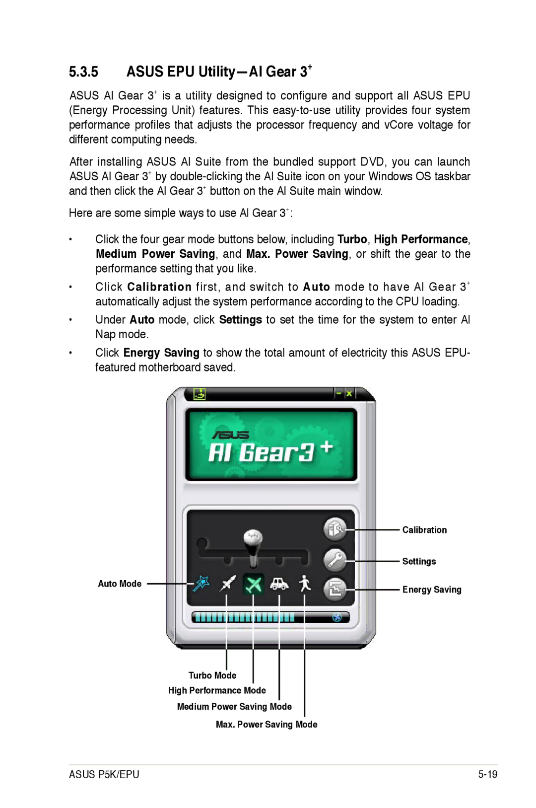 Asus P5K/EPU manual Asus EPU Utility-AI Gear 3+ 