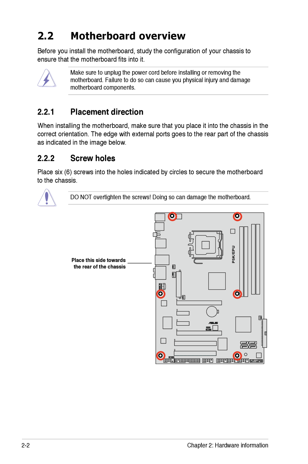 Asus P5K/EPU manual Motherboard overview, Placement direction, Screw holes 