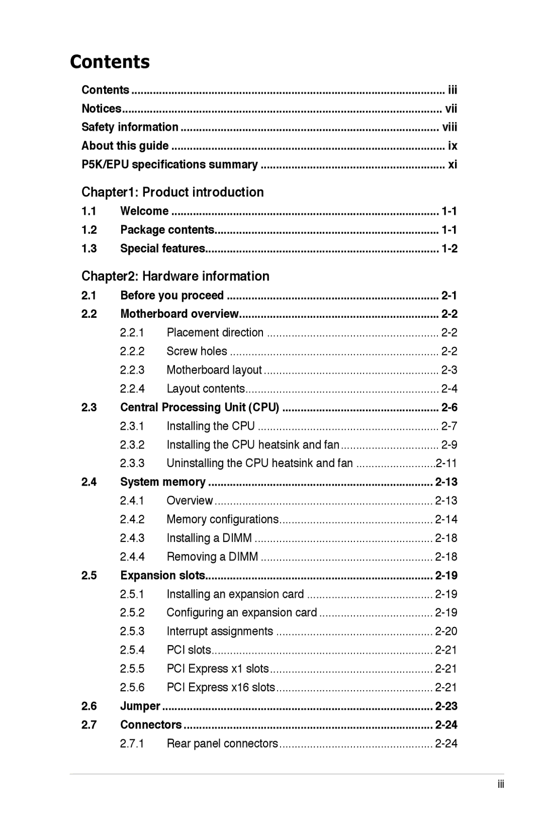 Asus P5K/EPU manual Contents 