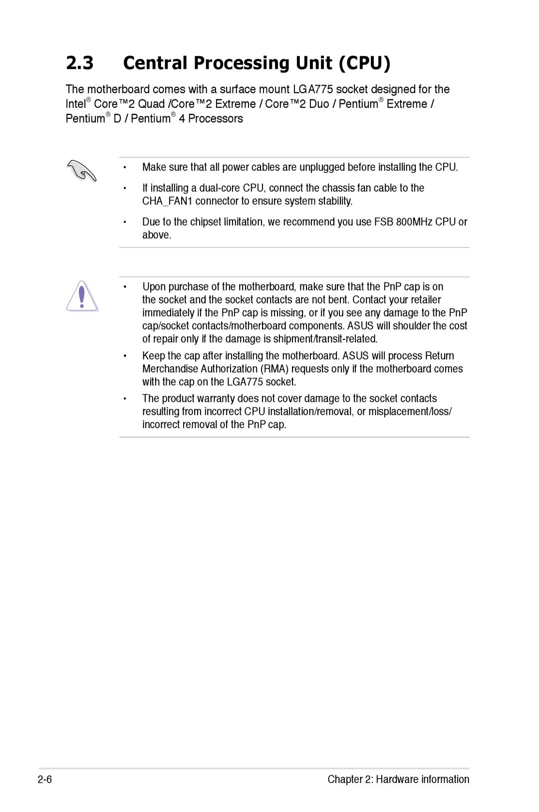 Asus P5K/EPU manual Central Processing Unit CPU 