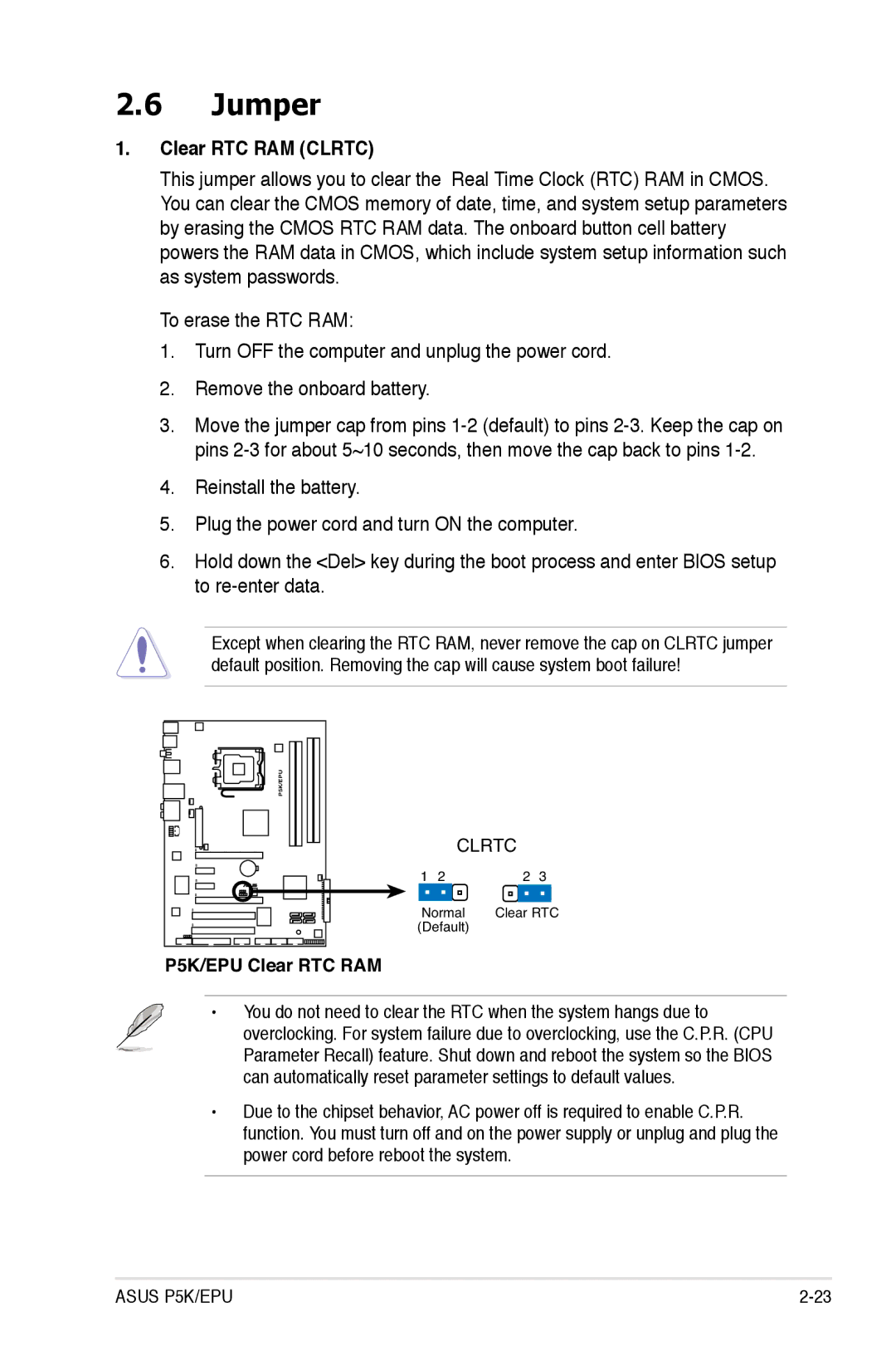 Asus P5K/EPU manual Jumper, Clear RTC RAM Clrtc 