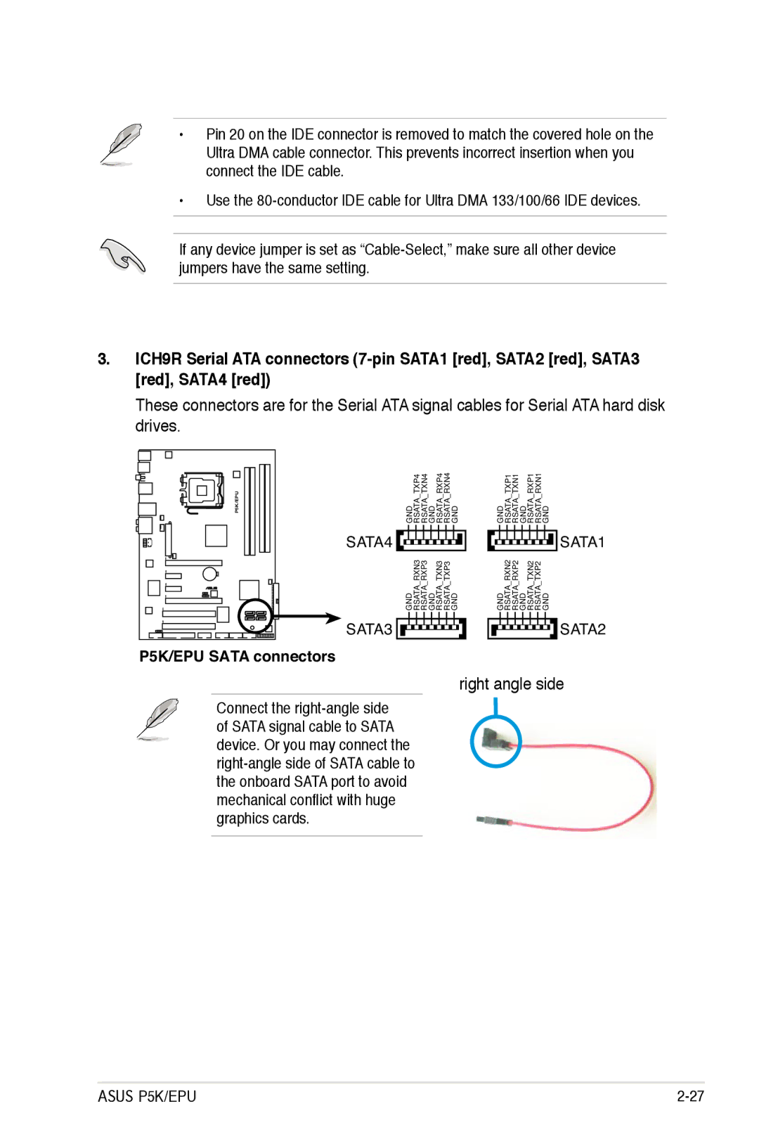 Asus P5K/EPU manual Right angle side, SATA3 