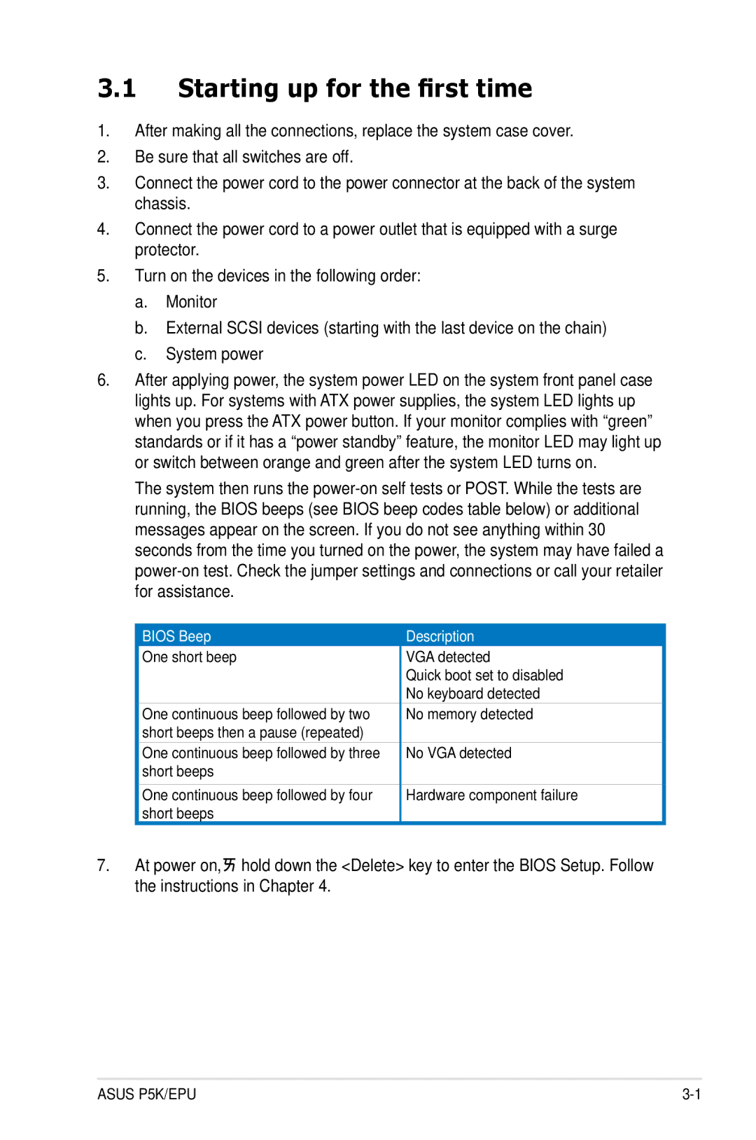 Asus P5K/EPU manual Starting up for the first time, Bios Beep 