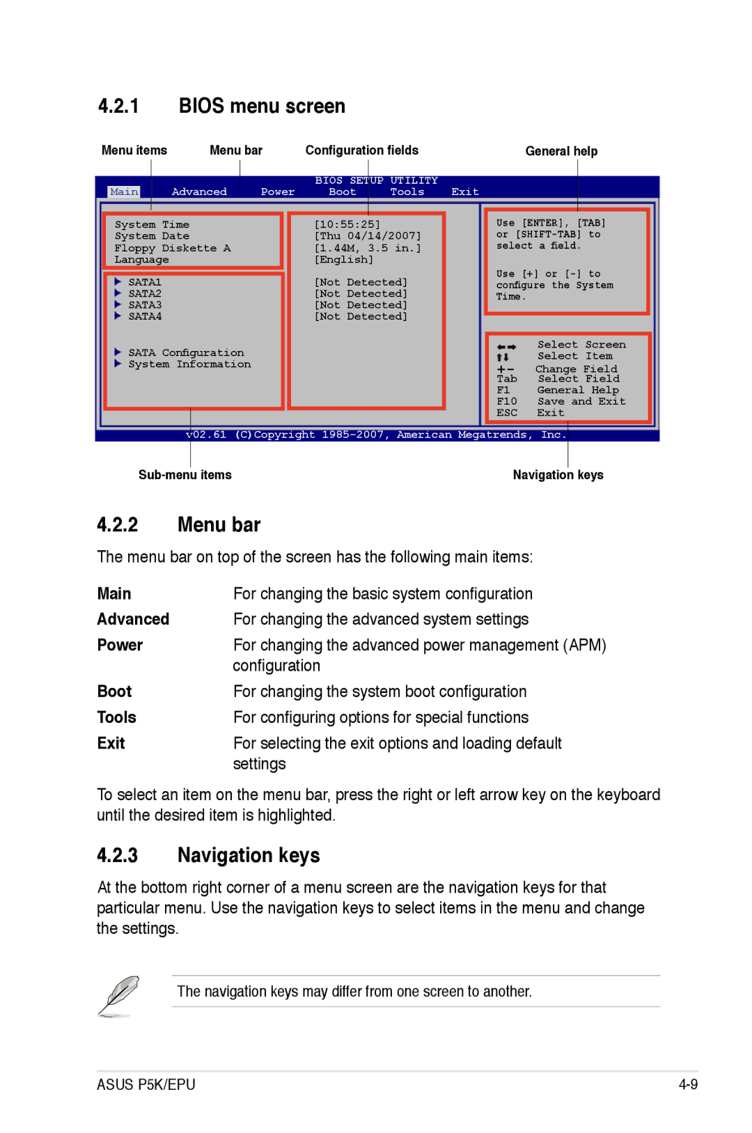 Asus P5K/EPU manual Bios menu screen, Menu bar, Navigation keys, Configuration, Settings 