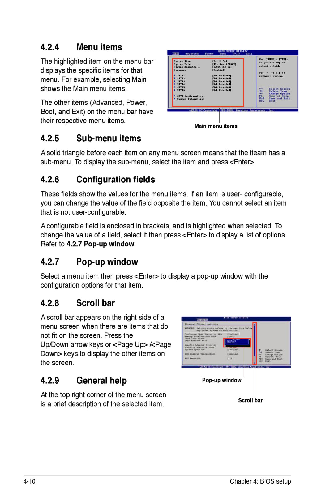 Asus P5K/EPU manual Menu items, Sub-menu items, Configuration fields, Pop-up window, Scroll bar, General help 