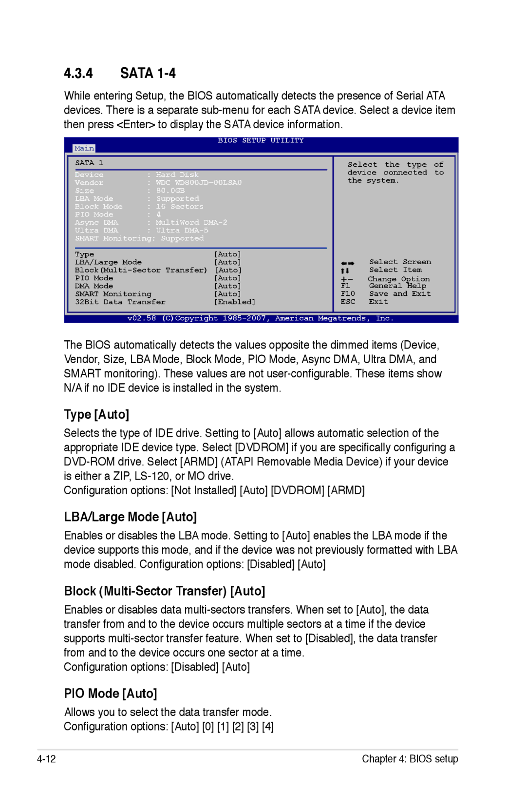 Asus P5K/EPU manual Sata, Type Auto, LBA/Large Mode Auto, Block Multi-Sector Transfer Auto, PIO Mode Auto 