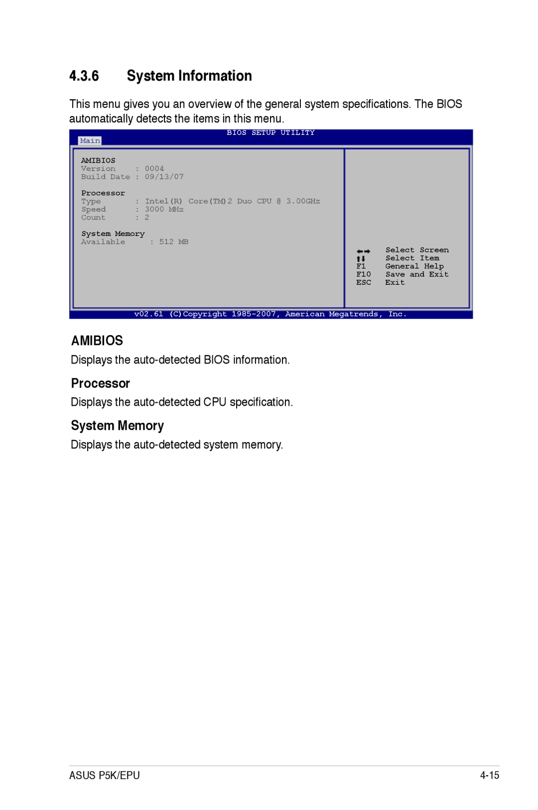 Asus P5K/EPU manual System Information, Processor, System Memory 