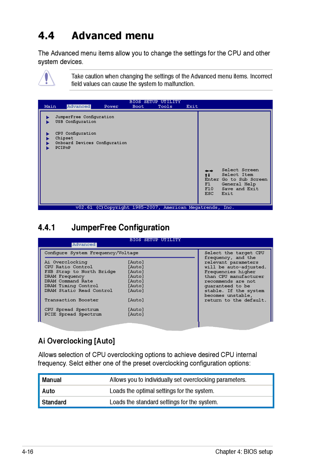 Asus P5K/EPU manual Advanced menu, JumperFree Configuration, Ai Overclocking Auto 