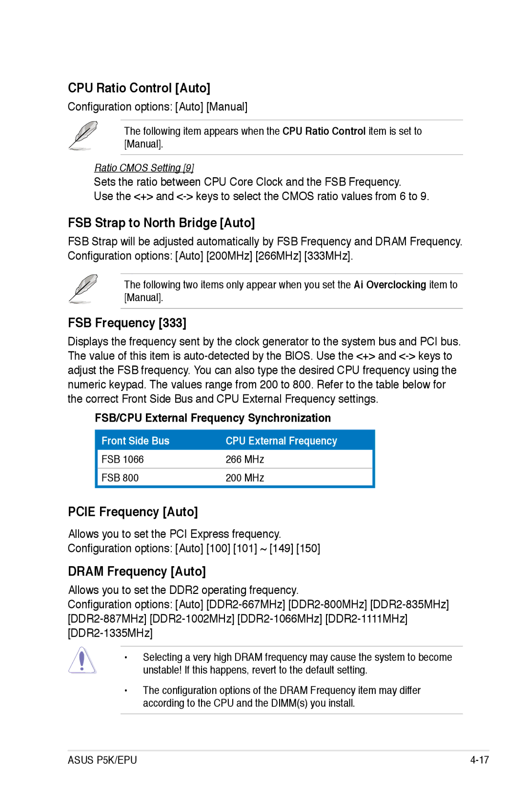 Asus P5K/EPU manual CPU Ratio Control Auto, FSB Strap to North Bridge Auto, FSB Frequency, Pcie Frequency Auto 