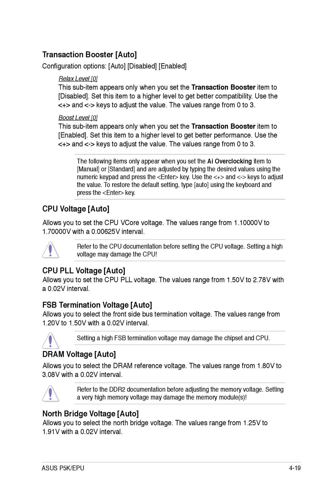 Asus P5K/EPU manual Transaction Booster Auto, CPU Voltage Auto, CPU PLL Voltage Auto, FSB Termination Voltage Auto 