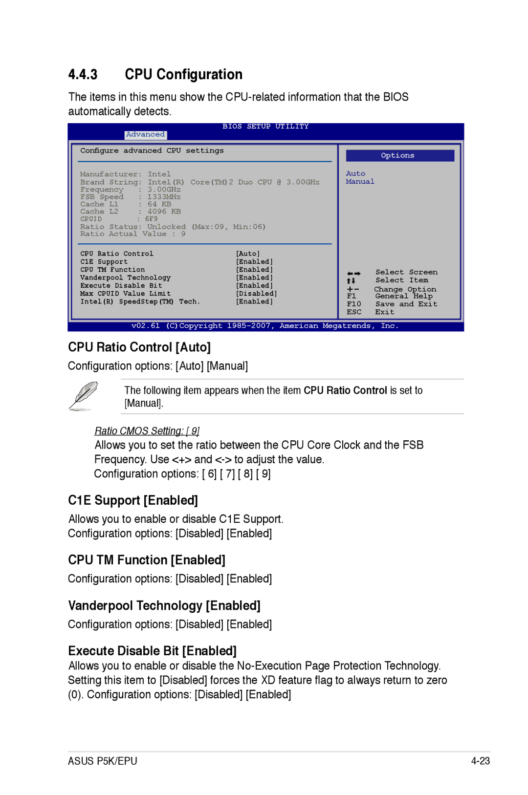 Asus P5K/EPU manual CPU Configuration, C1E Support Enabled, CPU TM Function Enabled, Vanderpool Technology Enabled 