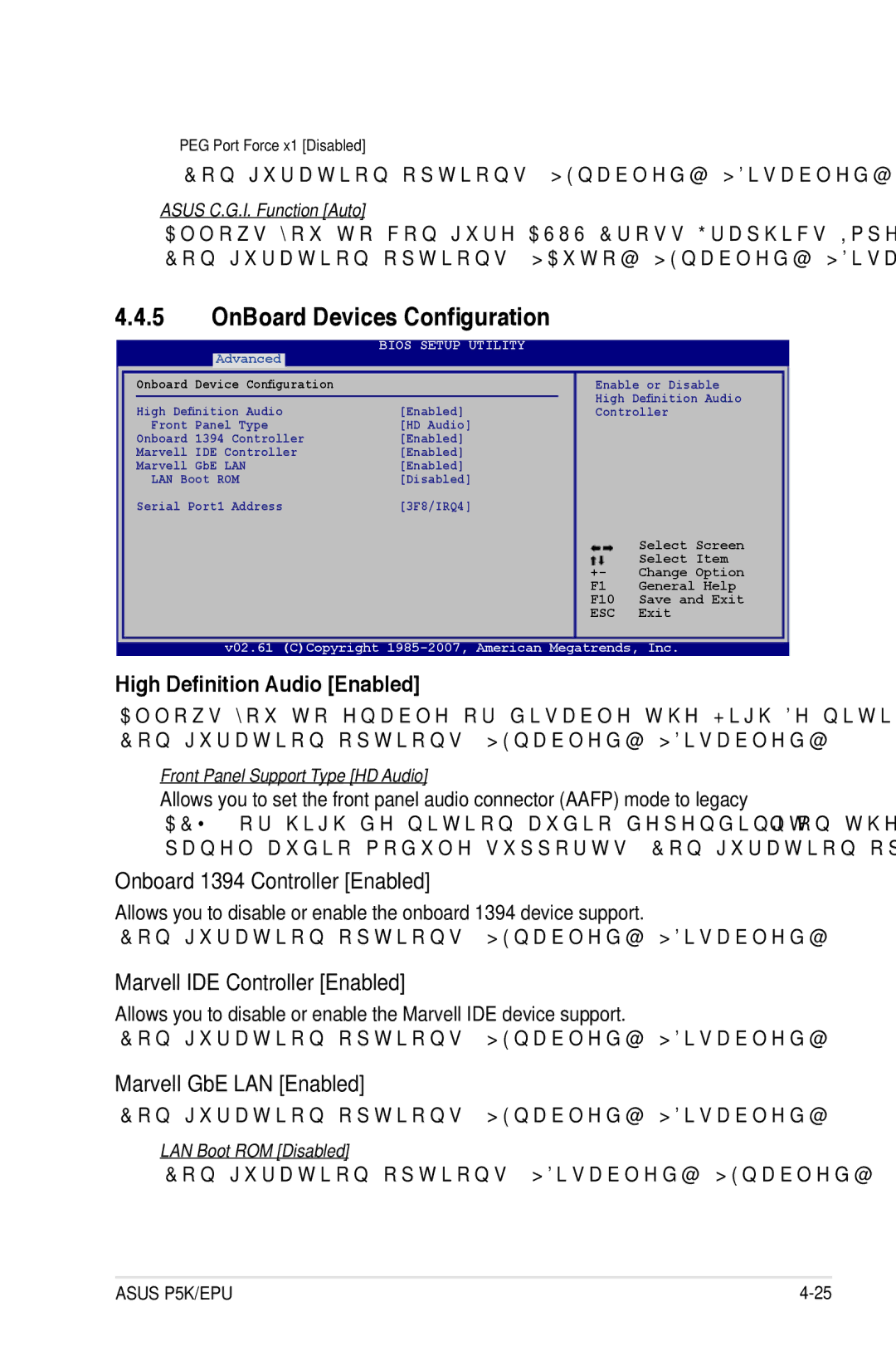 Asus P5K/EPU manual OnBoard Devices Configuration, High Definition Audio Enabled, Onboard 1394 Controller Enabled 