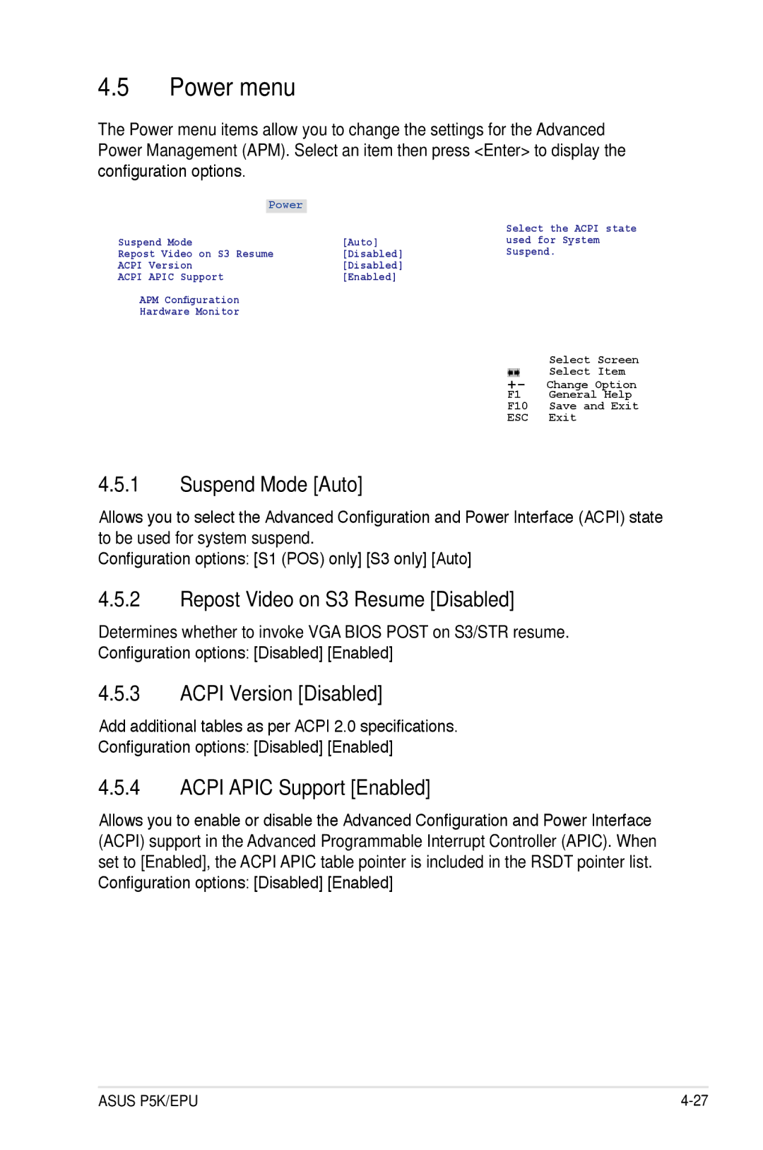 Asus P5K/EPU manual Power menu, Suspend Mode Auto, Repost Video on S3 Resume Disabled, Acpi Version Disabled 