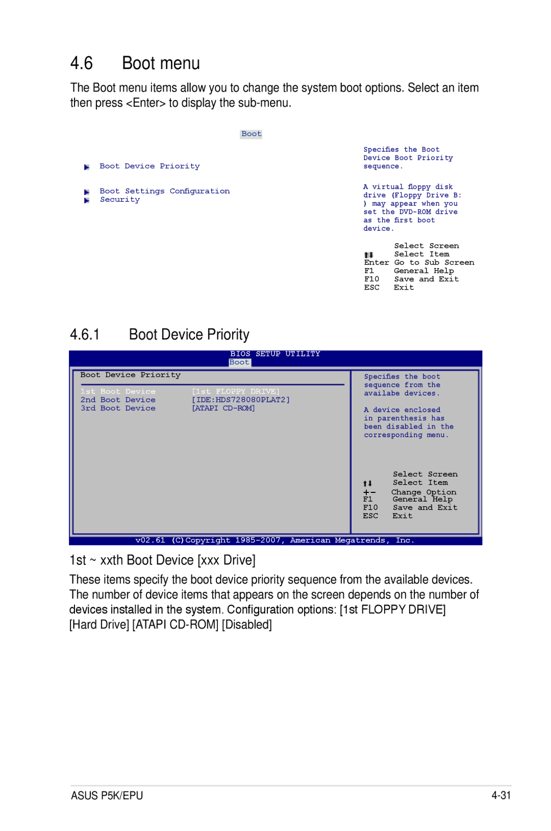 Asus P5K/EPU manual Boot menu, Boot Device Priority, 1st ~ xxth Boot Device xxx Drive 