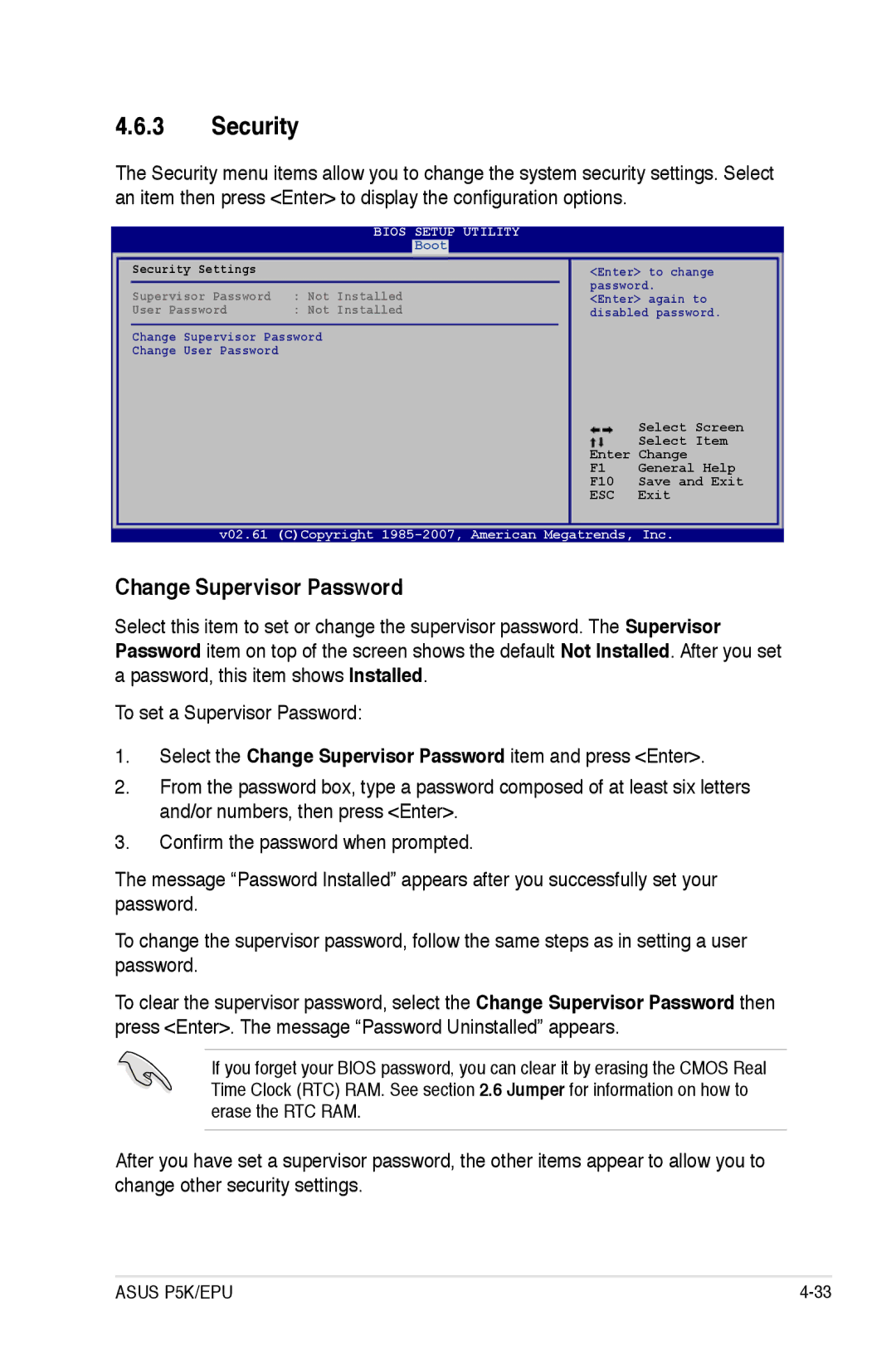 Asus P5K/EPU manual Security, Change Supervisor Password 