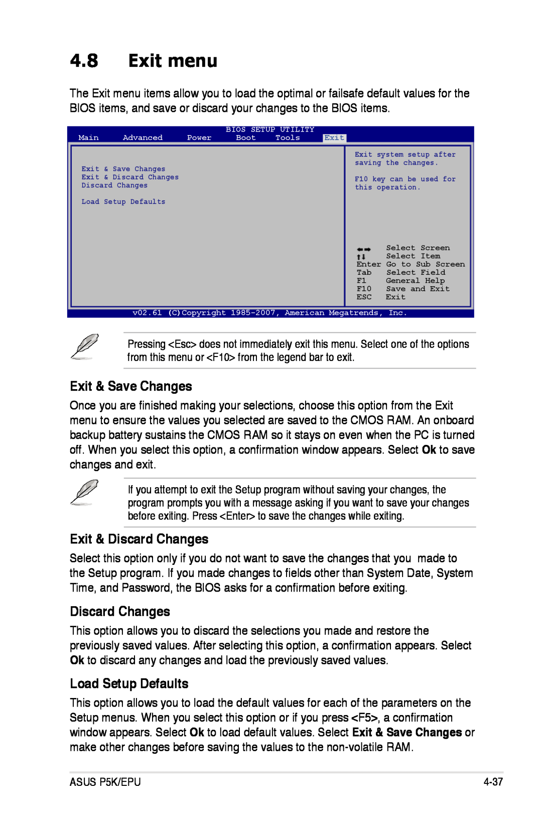 Asus P5K/EPU manual Exit menu, Exit & Save Changes, Exit & Discard Changes, Load Setup Defaults 