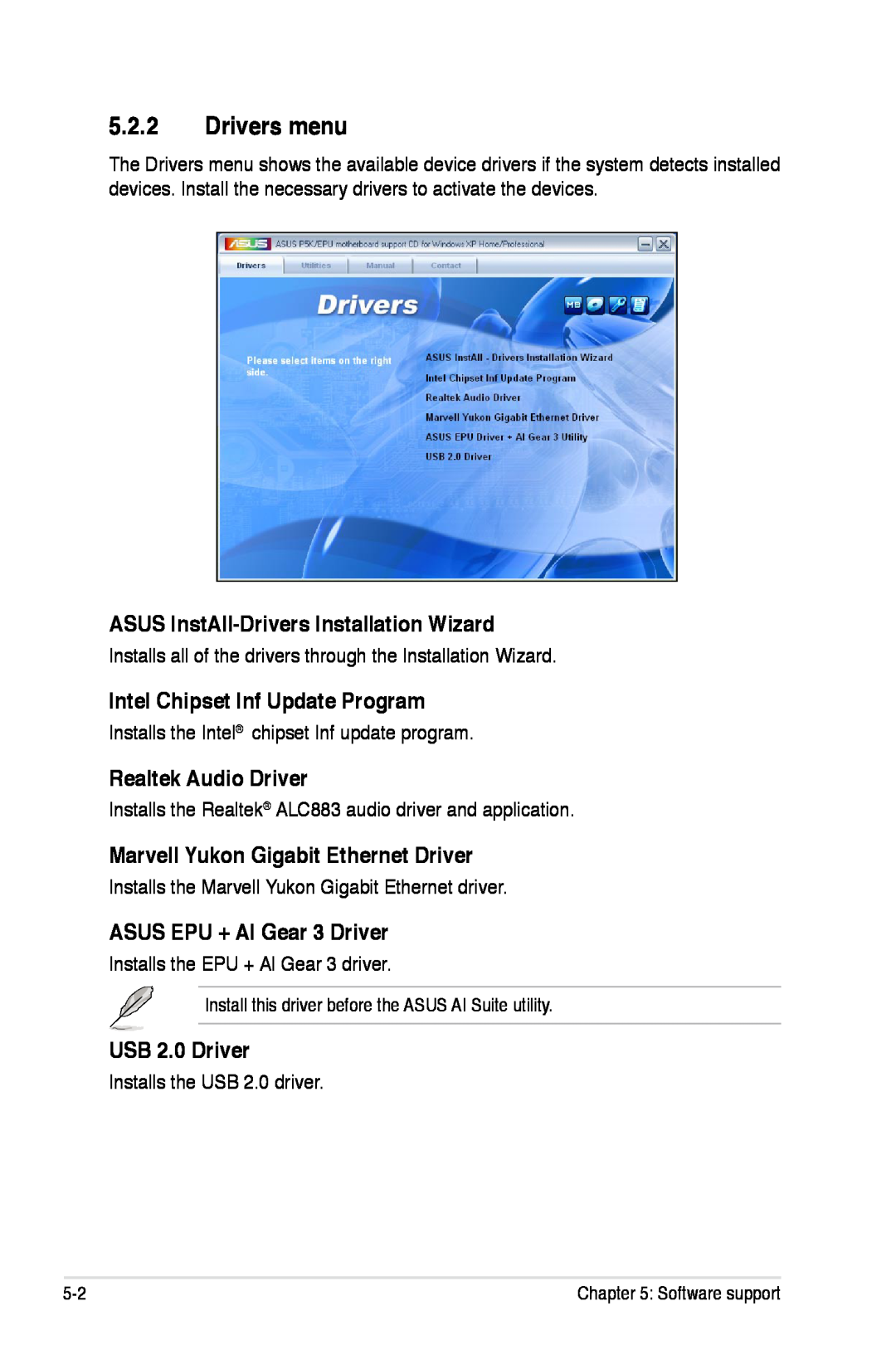 Asus P5K/EPU Drivers menu, ASUS InstAll-Drivers Installation Wizard, Intel Chipset Inf Update Program, USB 2.0 Driver 