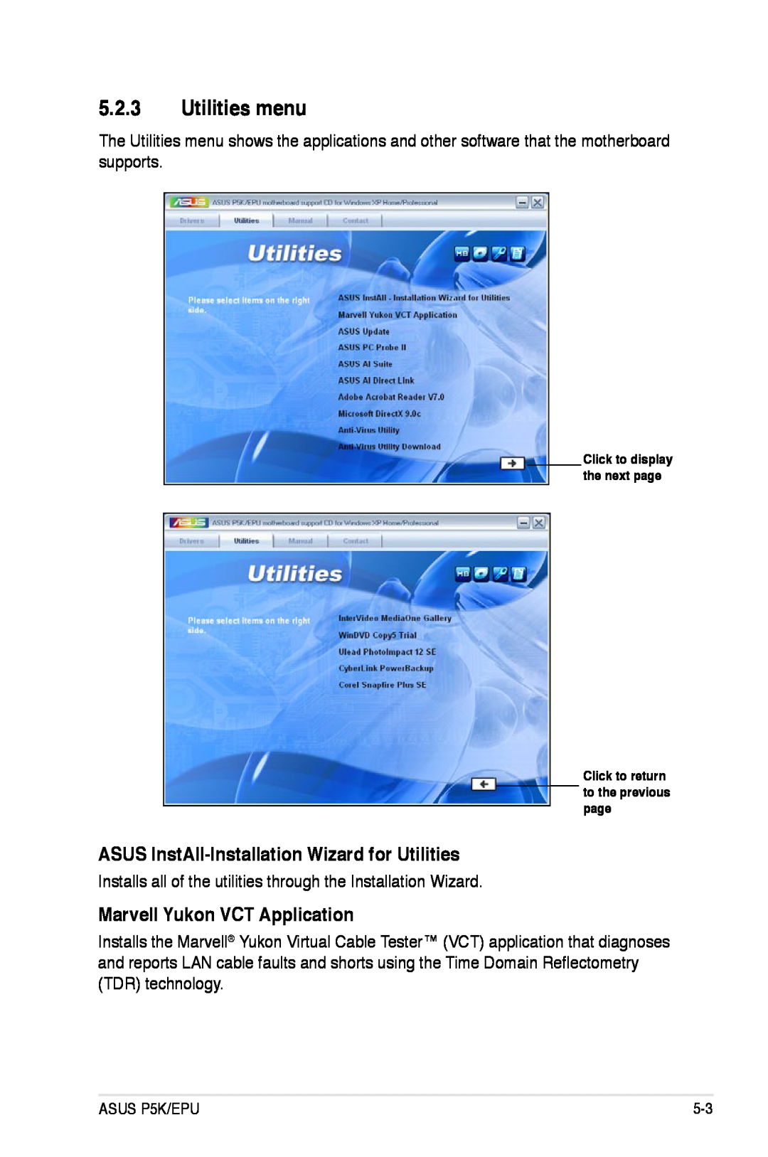 Asus P5K/EPU manual Utilities menu, ASUS InstAll-Installation Wizard for Utilities, Marvell Yukon VCT Application 