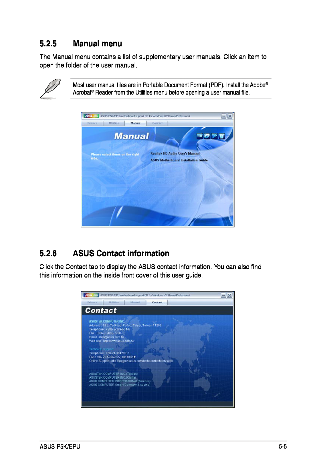Asus P5K/EPU manual Manual menu, ASUS Contact information 