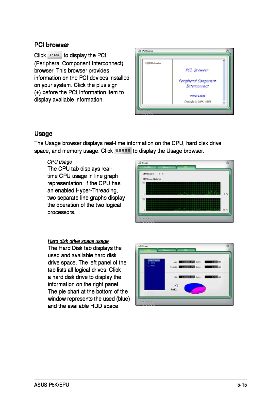 Asus P5K/EPU manual PCI browser, space, and memory usage. Click to display the Usage browser, CPU usage 