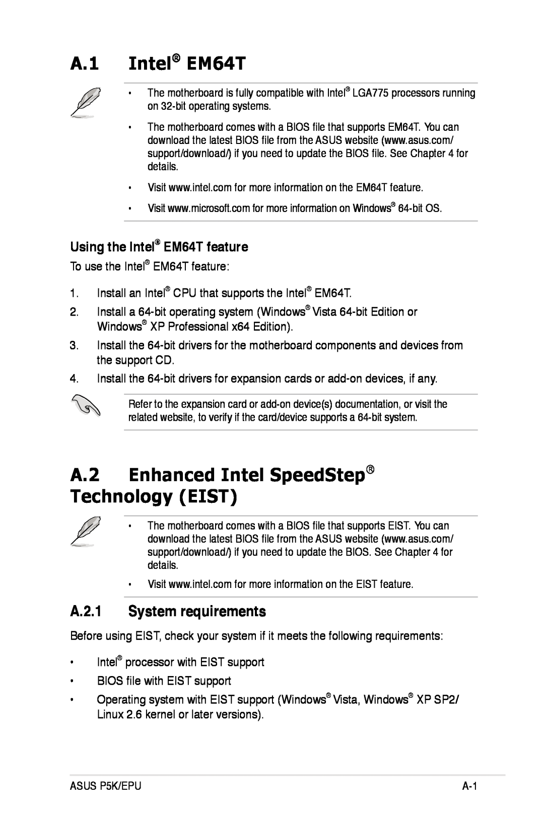 Asus P5K/EPU manual A.1 Intel EM64T, A.2 Enhanced Intel SpeedStep Technology EIST, A.2.1 System requirements 