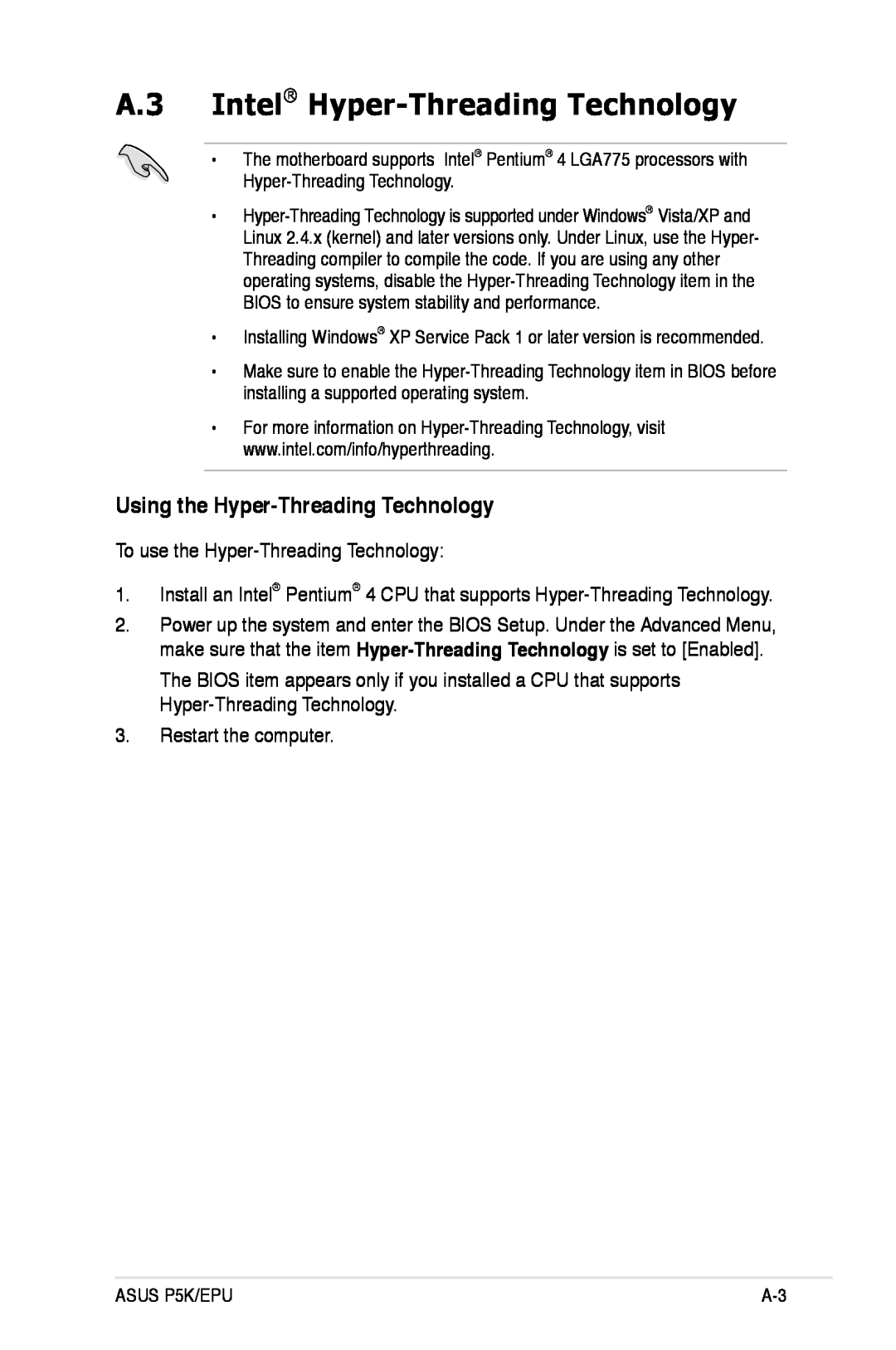Asus P5K/EPU manual A.3 Intel Hyper-Threading Technology, Using the Hyper-Threading Technology 
