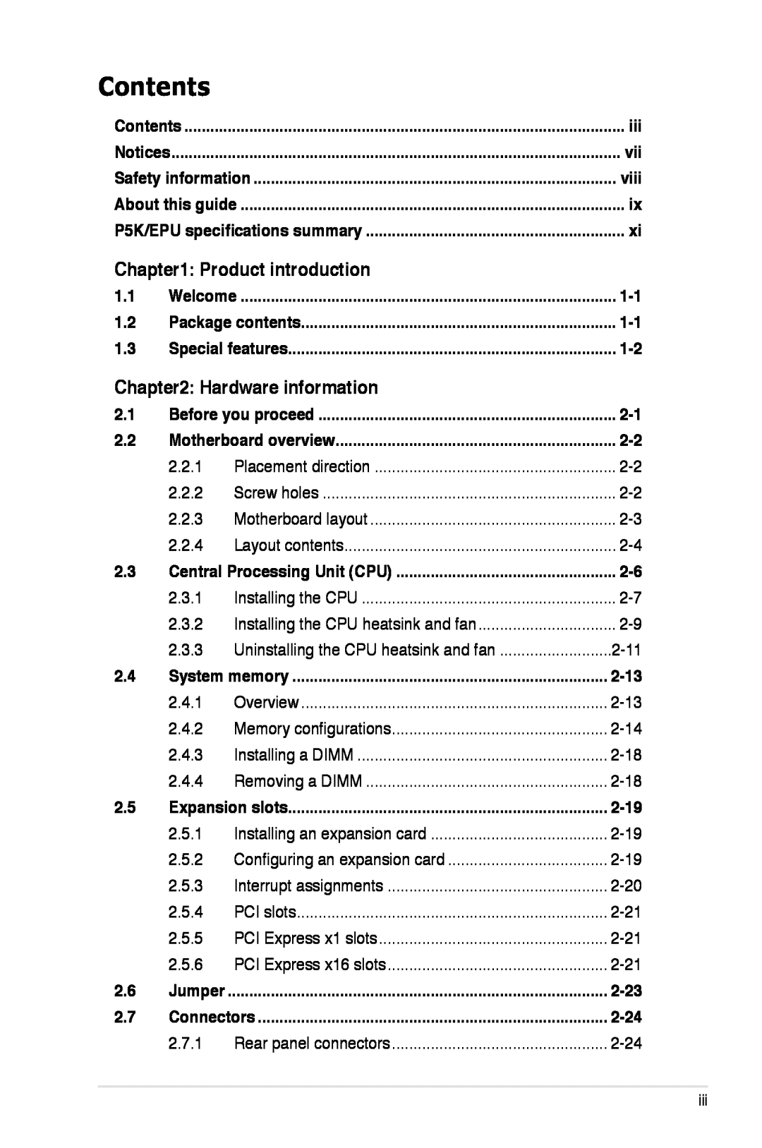 Asus P5K/EPU manual Contents, Product introduction, Hardware information, viii 