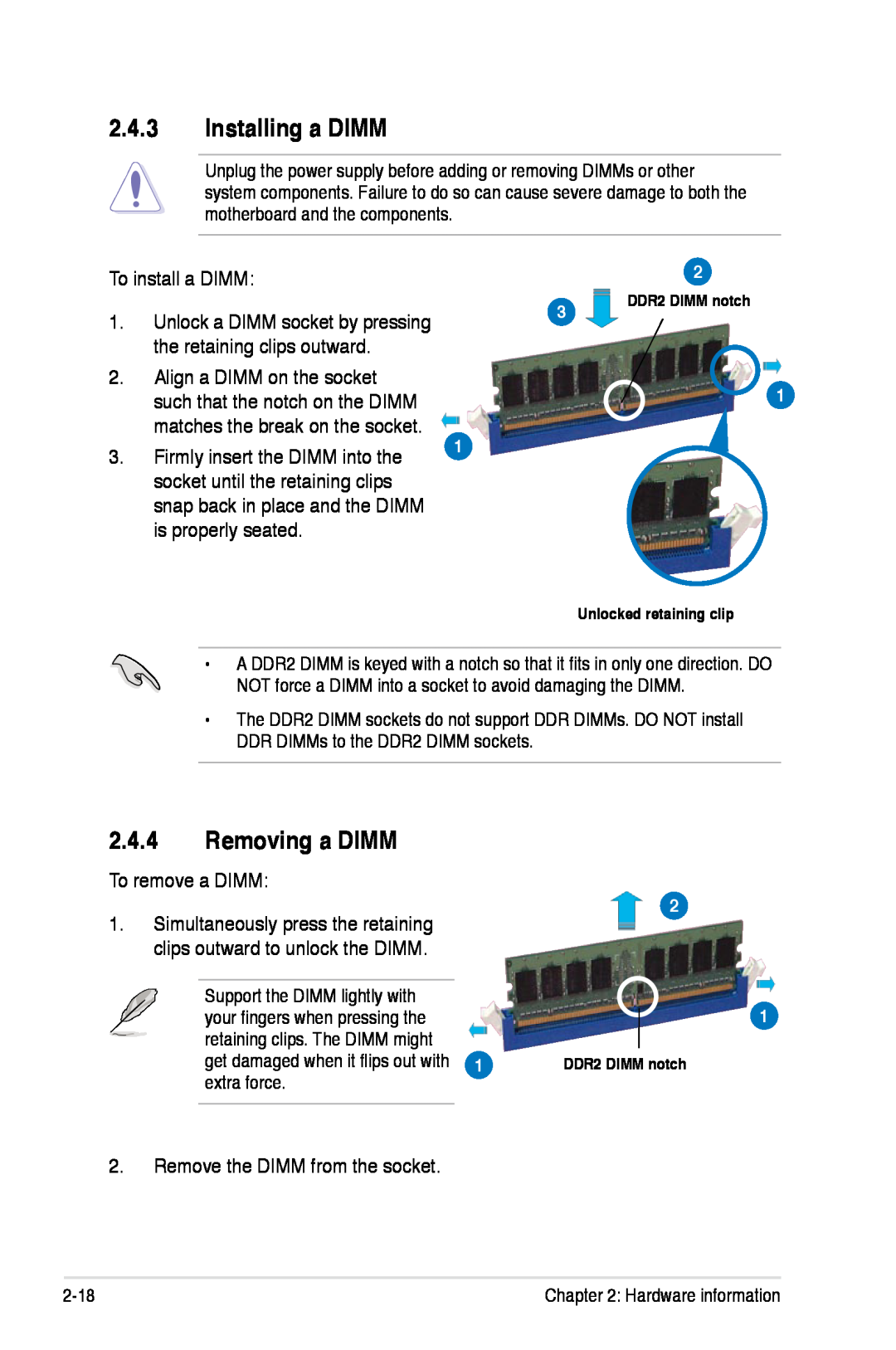 Asus P5K/EPU manual Installing a DIMM, Removing a DIMM, To install a DIMM, Unlock a DIMM socket by pressing 