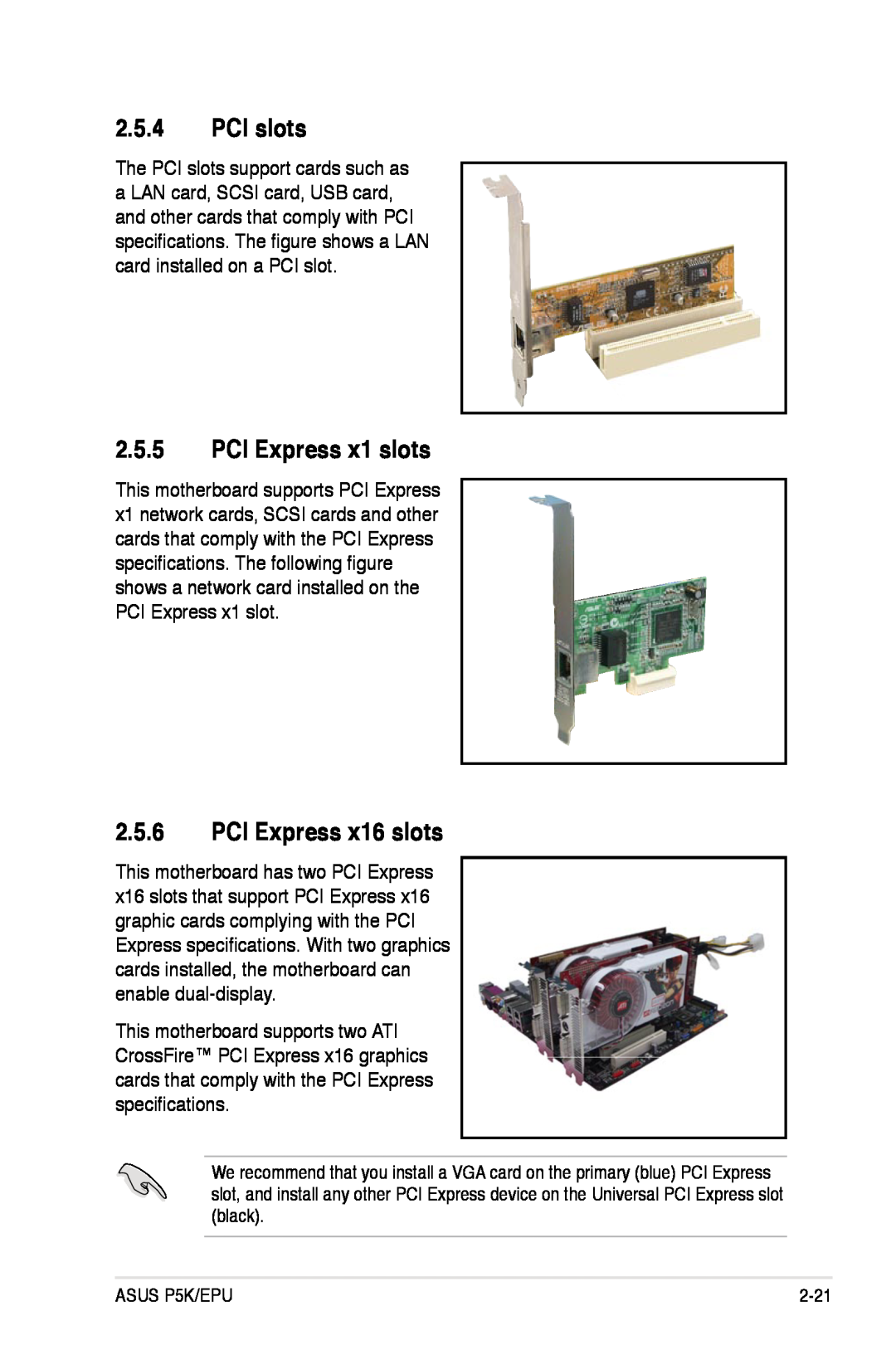 Asus P5K/EPU manual PCI slots, PCI Express x1 slots, PCI Express x16 slots 