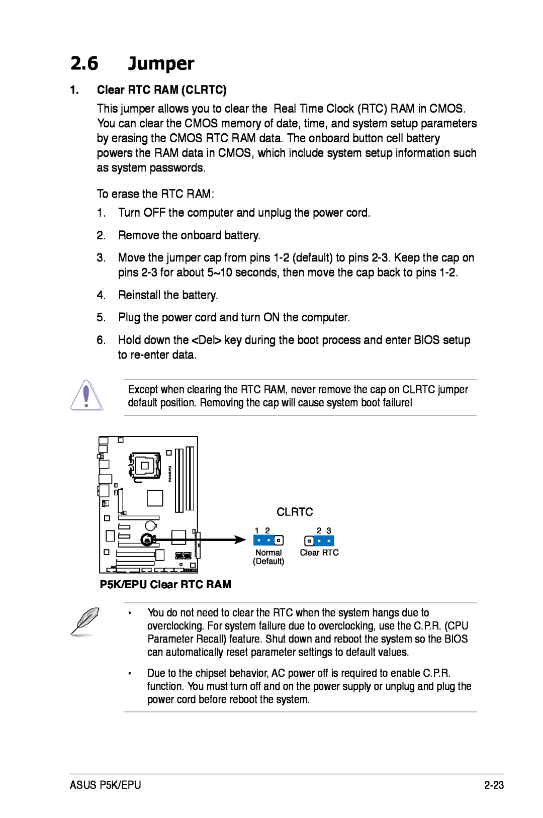 Asus P5K/EPU manual Jumper, Clear RTC RAM CLRTC 