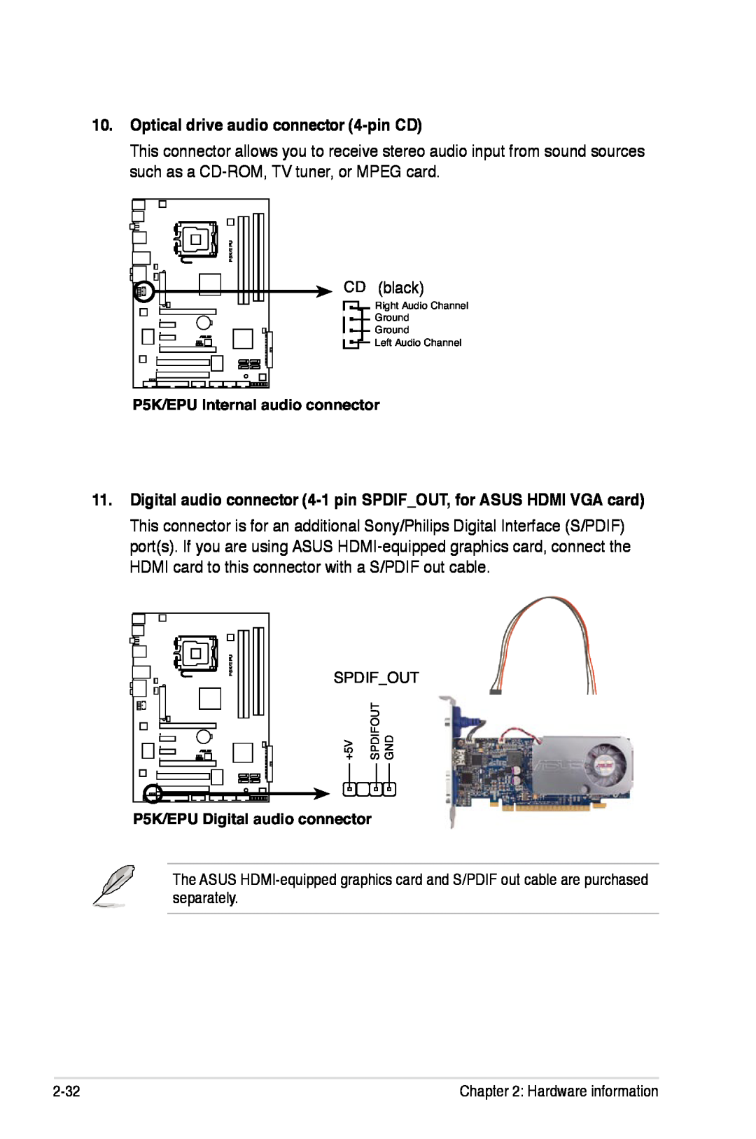 Asus P5K/EPU Optical drive audio connector 4-pin CD, Digital audio connector 4-1 pin SPDIFOUT, for ASUS HDMI VGA card 