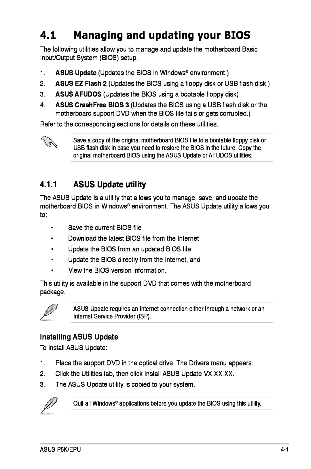 Asus P5K/EPU manual Managing and updating your BIOS, ASUS Update utility, Installing ASUS Update 
