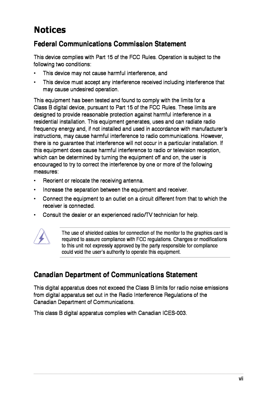 Asus P5K/EPU manual Notices, Federal Communications Commission Statement, Canadian Department of Communications Statement 