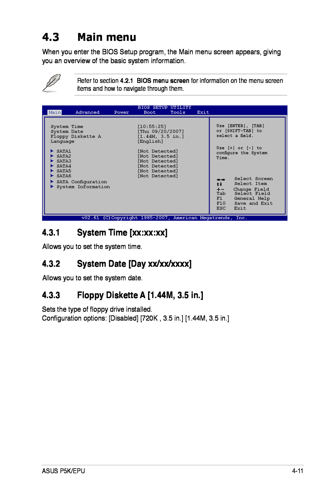 Asus P5K/EPU Main menu, System Time, System Date Day xx/xx/xxxx, Floppy Diskette A 1.44M, 3.5 in, Bios Setup Utility, Boot 