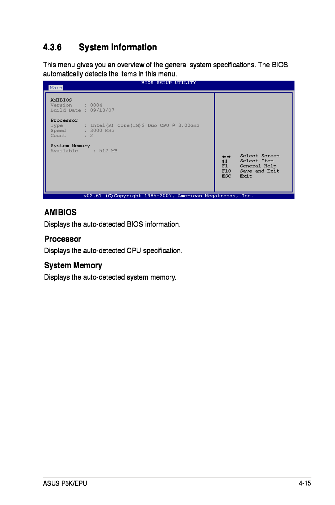 Asus P5K/EPU manual System Information, Amibios, Processor, System Memory 