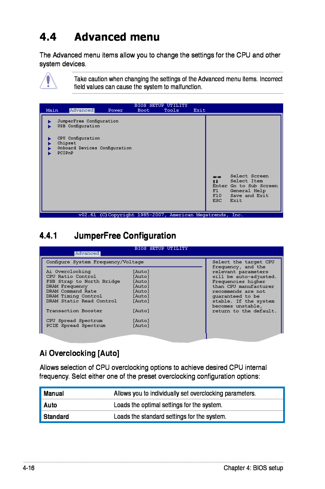 Asus P5K/EPU manual Advanced menu, JumperFree Configuration, Ai Overclocking Auto, Manual, Standard 