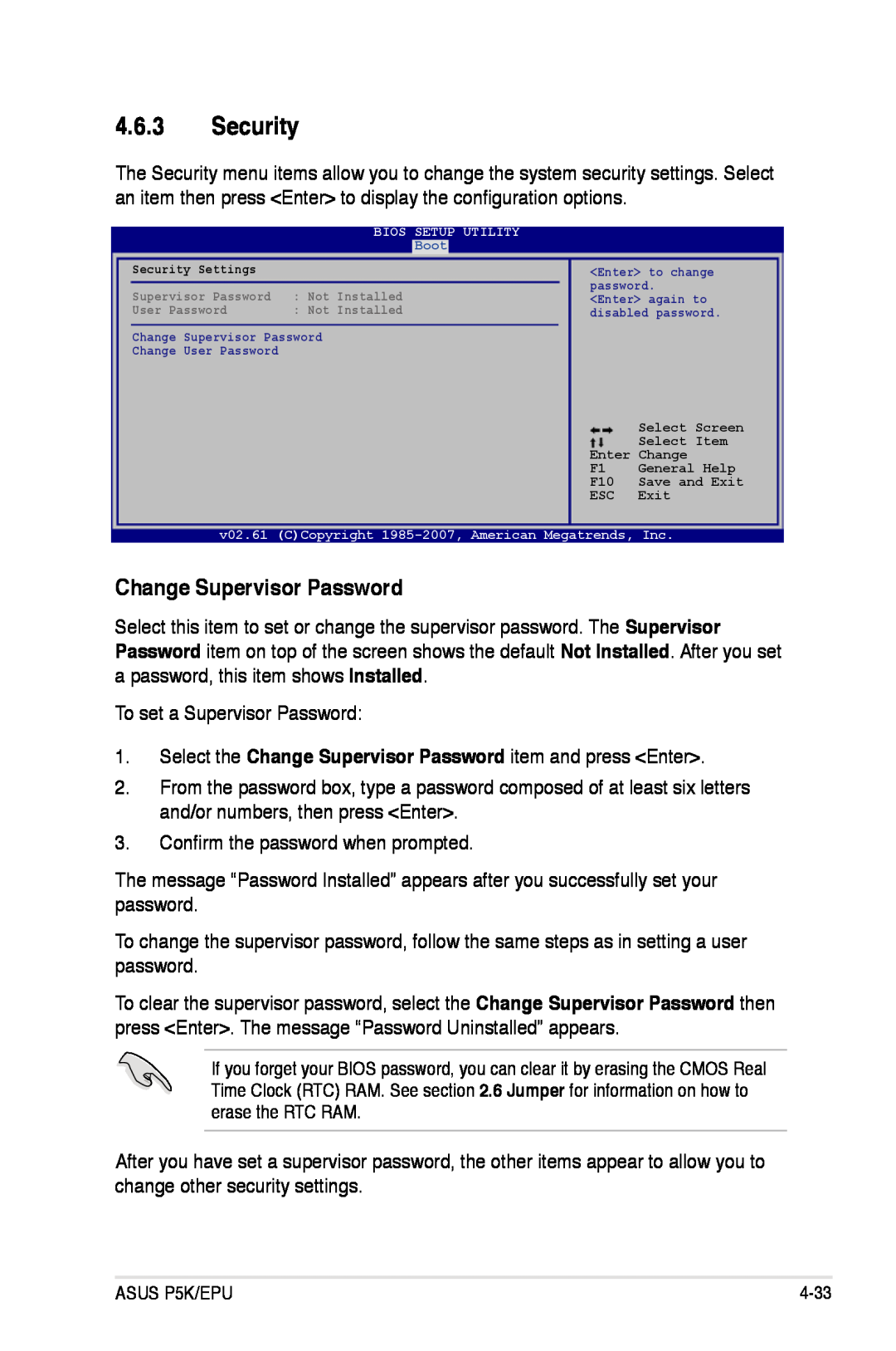 Asus P5K/EPU manual Security, Change Supervisor Password 