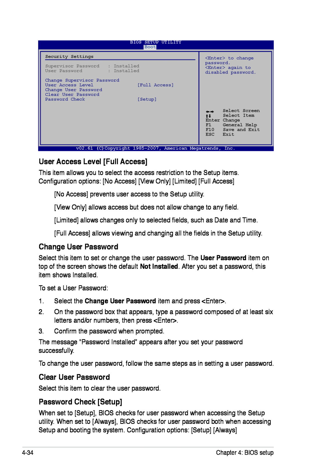 Asus P5K/EPU manual User Access Level Full Access, Change User Password, Clear User Password, Password Check Setup 