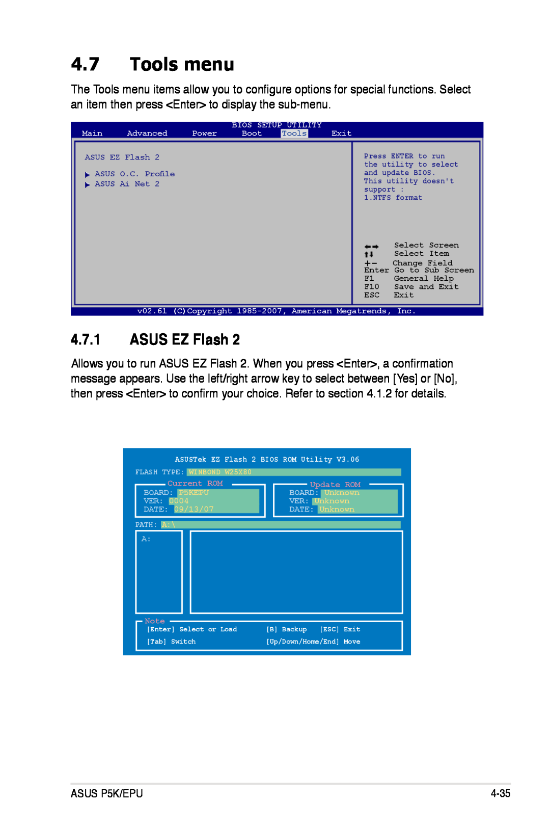 Asus P5K/EPU Tools menu, ASUS EZ Flash, Bios Setup Utility, Main, Advanced, Power, Boot, Exit, FLASH TYPE WINBOND W25X80 