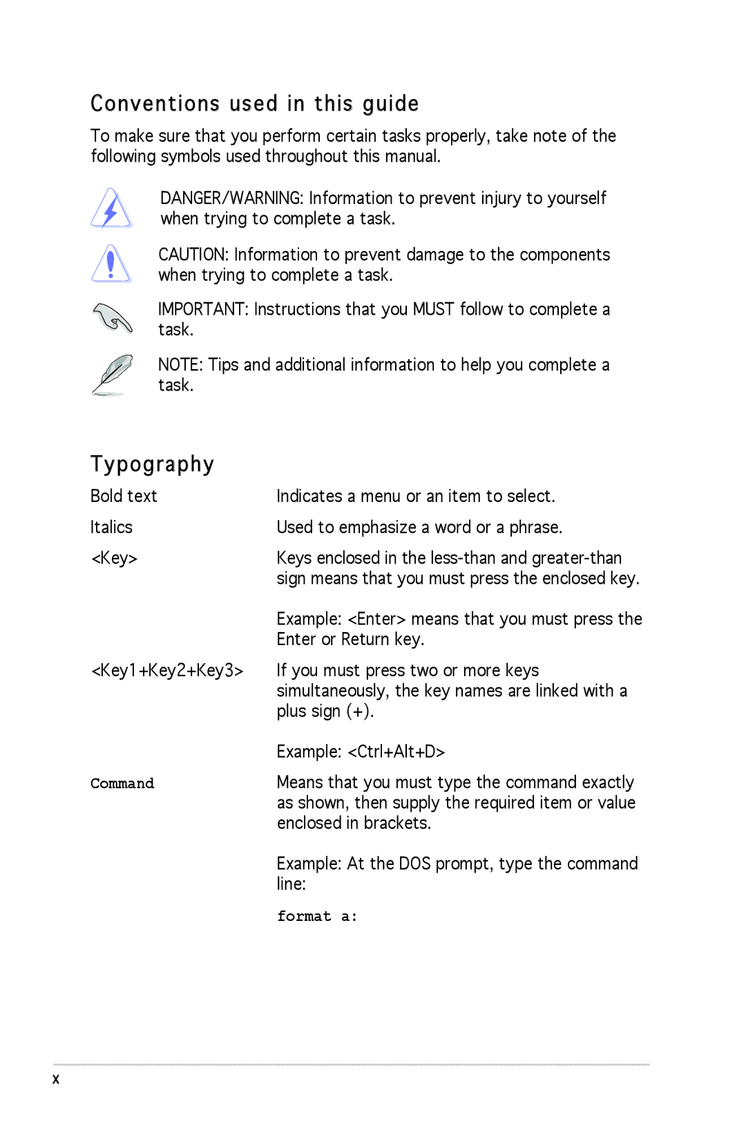 Asus P5L 1394 manual Conventions used in this guide, Typography 